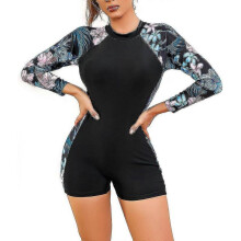 (XXL, Blue Floral) Women's Short/Long Sleeve One-Piece Swimsuit with Tropical Floral Print Zipper Front Rash Guard Bathing Suit Beachwear
