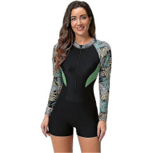(L, Green * Black) Women's Short/Long Sleeve One-Piece Swimsuit with Tropical Floral Print Zipper Front Rash Guard Bathing Suit Beachwear