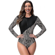 (L, Snake Skin) Women's Short/Long Sleeve One-Piece Swimsuit with Tropical Floral Print Zipper Front Rash Guard Bathing Suit Beachwear