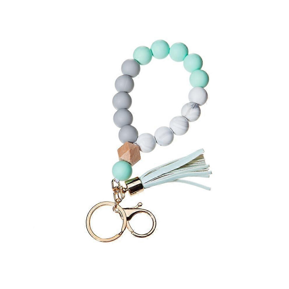 Kikidex (As Show, One Size) Silicone Key Ring Bracelet Wristlet Keychain Unique Beaded Bangle Key Chains With Leather Tassel Anti-Lost Key Ring(Lake ) Blue