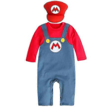 (3-9M, Red) Super Mario Bros Baby Cosplay Crawling Suit Romper Jumpsuit Mario Luigi Cosplay Costume Hat Set jm