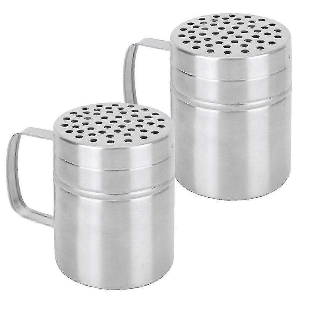 Metal salt and pepper shakers (medium) with handle and holes for dispensing salt, sugar and seasonings.