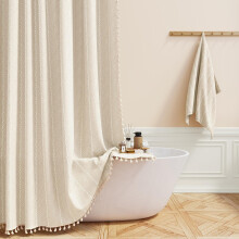 (Polyester and linen striped beige, 183cm*198cm) Polyester and linen checkered tassel bath curtain, household bathroom checkered partition curtain, waterproof bath curtain