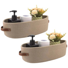 Oval Cotton Rope Storage Baskets 2-Pack With Leather Handles Woven Organizer For Bathroom And Nursery Storage