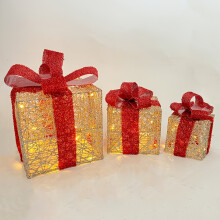 (Red) 1 set of 3pcs, Christmas light-up gift box, hollow LED gift box with bow, suitable for Christmas tree, yard, home, indoor and outdoor decoration