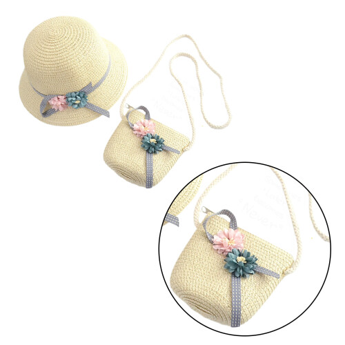 1 set kinderstranduitrusting met strohoed en tasje (beige) 2