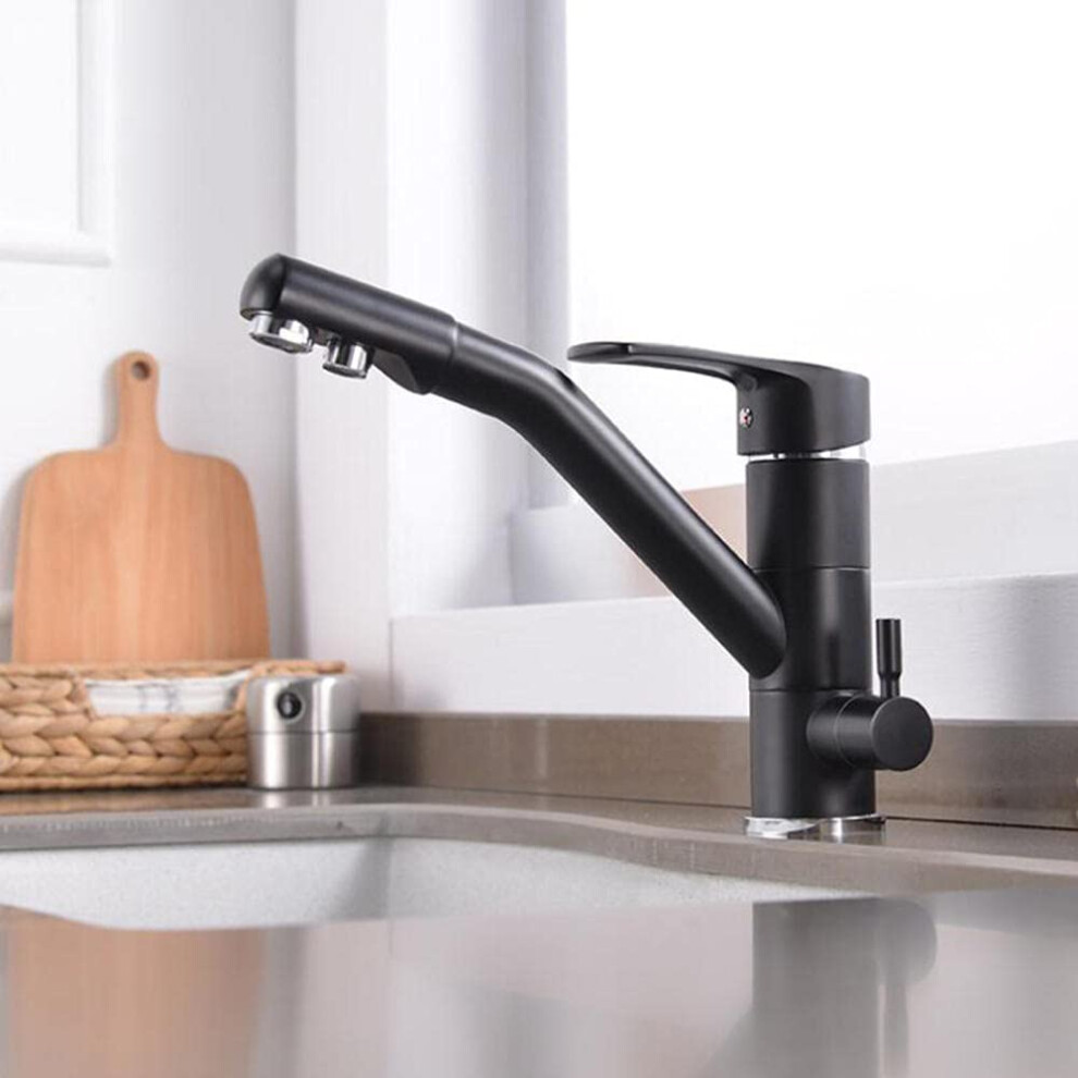 Kitchen Faucet 3-Way Pure Water Straight Drinking Water Hot And Cold Brass 360 Degree Rotation Sink Faucet Oat(Black) 9354506002855