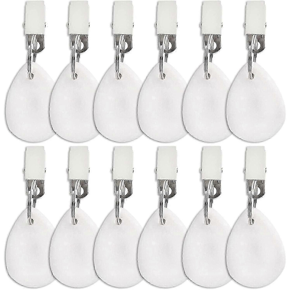 Pack of 12 marble tablecloth weights, for indoor and outdoor use, teardrop shaped, heavy duty, with metal clips.