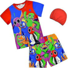(6-7 Years) 4-8 Years Kids Swimwear Set Roblox Rainbow Friends Tops+shorts+cap Bathing Suit Gifts-b