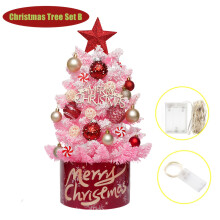 (Powder Tree Red) 1 Pre-Lit Pink & Golden Christmas Tree Kit with LED Lights, Orbs & "Merry Christmas" Plaque - Easy Setup, Self-Lit Lights