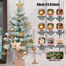 (60cm) 60cm Large Artificial Christmas Tree with Golden Topper & Golden Ornaments - Realistic Flocked Tree with Golden & Decorations