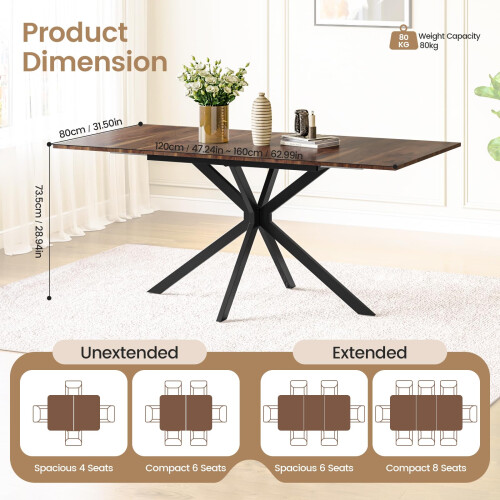 Joolihome Extendable Dining Table,120-160 cm Rectangular Kitchen Table for Dining Room, Kitchen,Restaurant (Wood Grain Effect) 2