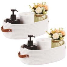 Oval Cotton Rope Storage Baskets With Leather Handles, 2-Pack, Natural Color, For Nursery, Bathroom, And Living Room