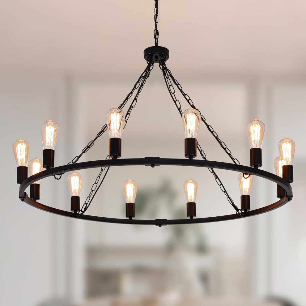 Ganeed Farmhouse Chandelier, Vintage Wagon Wheel Ceiling Lighgt Black