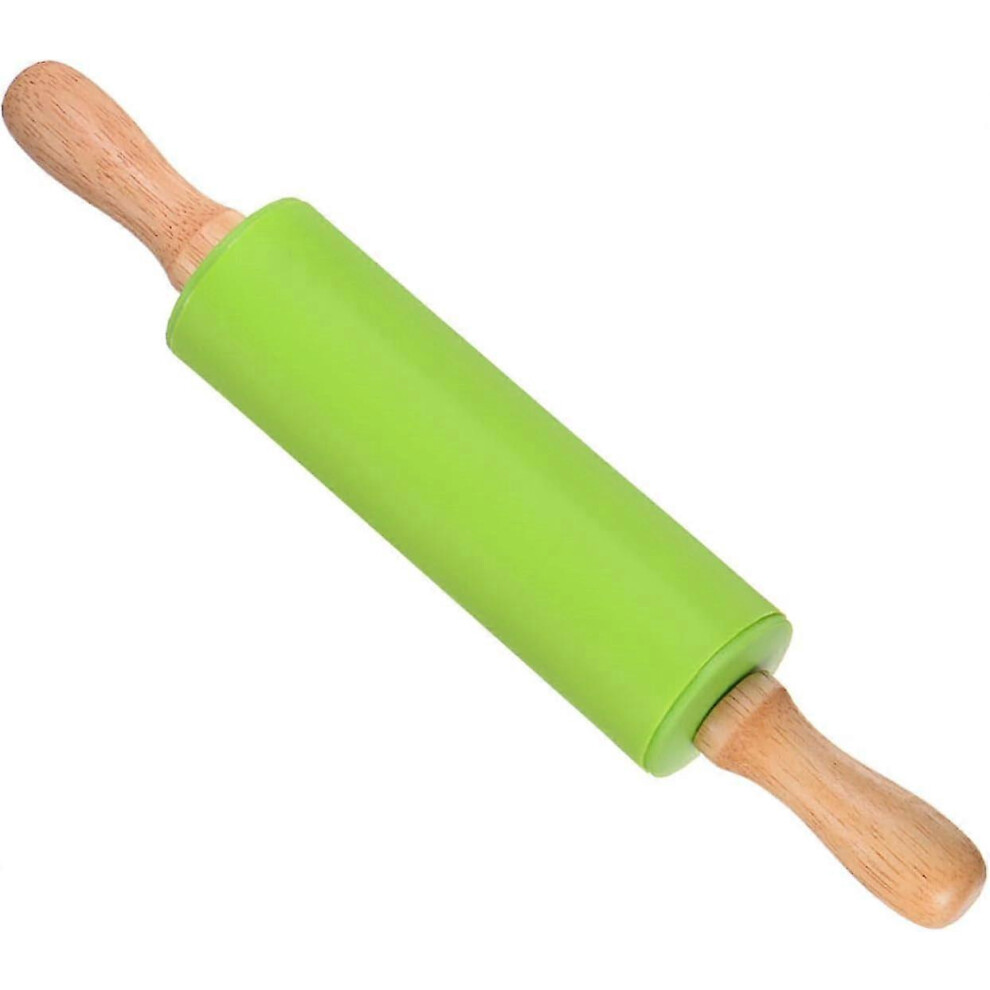 Silicone Rolling Pin, Length 31cm, Ergonomic Non-Stick Wooden Dough Roller, Green (Applications: For Baking & DIY Projects)