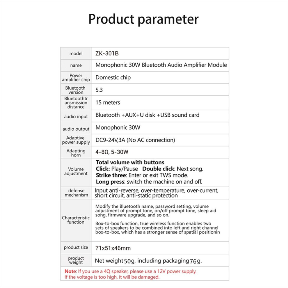 Zk301b Mono 30W Bt5.3 Digital Audio Amplifier Module 4852209355322