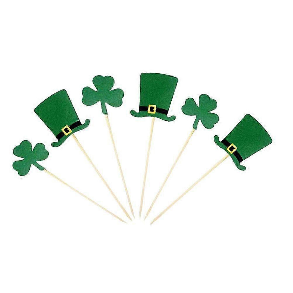 20 Pcs St. Patrick's Day Paper Cake Toppers With Shamrocks And Hats (10 Shamrocks And 10 Shamrock Hats) Dark/Green