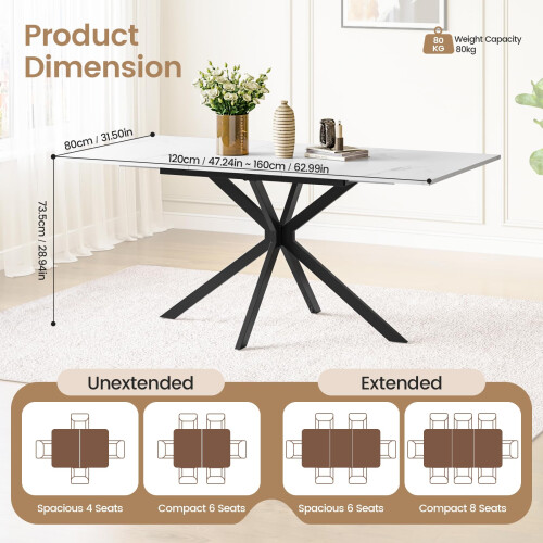 Joolihome Extendable Dining Table,120-160 cm Marble Effect Rectangular Kitchen Table for Dining Room, Kitchen,Restaurant 1
