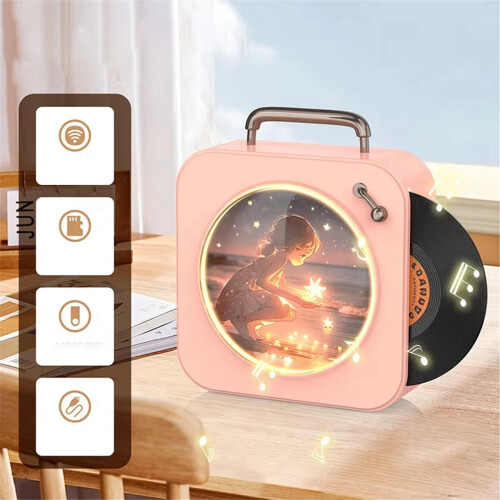 Vintage Bluetooth Vinyl Record Small Stereo Home CD Player Pink 1