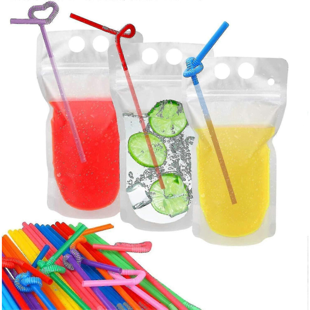 100 Pack Drink Bags with 100 Straw Holes, Clear Resealable Zip Lock Plastic Bags