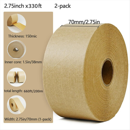 2-Pack versterkte watergeactiveerde gegomde kraftpapiertape 2