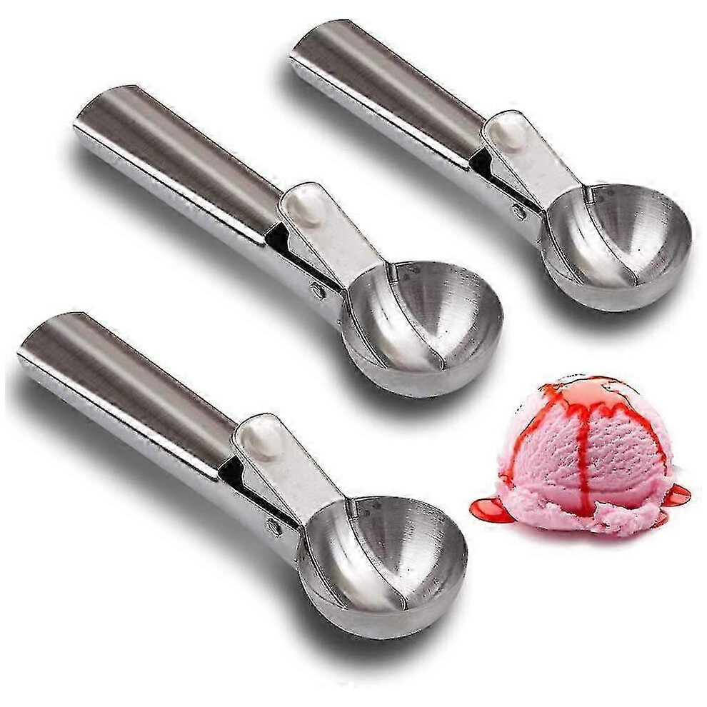 Set of 3 stainless steel ice cream scoops with trigger, non-stick, for ice cream, fruit, melon balls, sorbets and meatballs