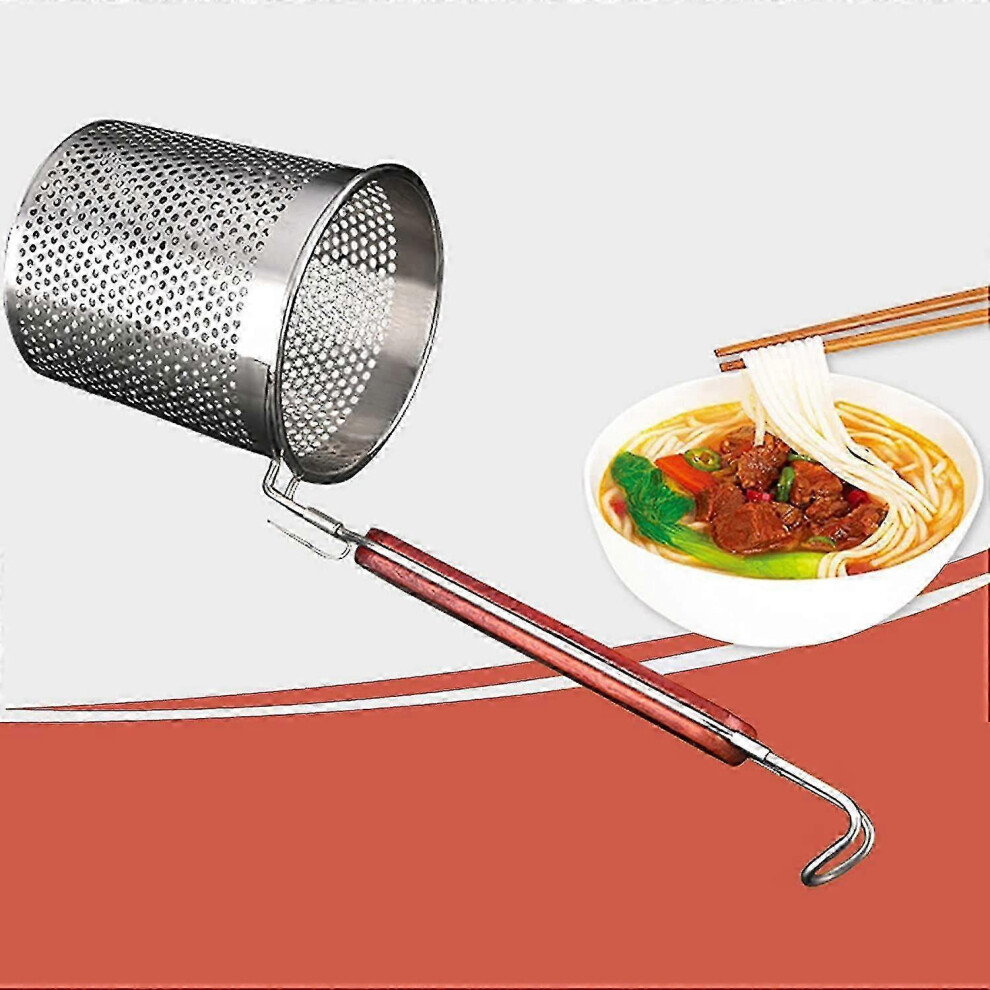Mesh Pasta Basket with Wooden Handle - Stainless Steel Strainer for Pasta