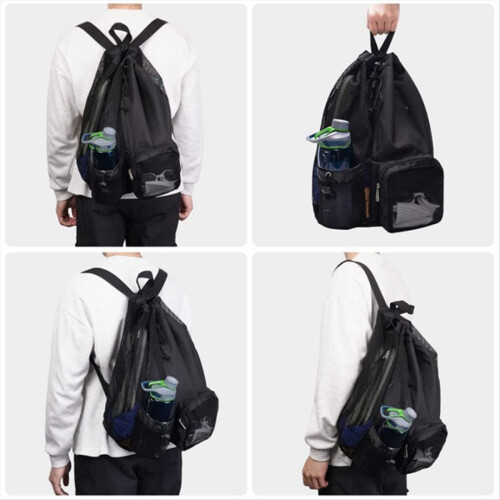 Swim Bag Mesh Drawstring Backpack for Swimming, Gym, Pool, Gray 1