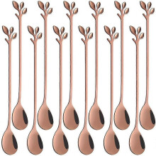 12 Pcs Long Handle Ice Cream Scoop Set (Rose Gold), 18cm, Creative Black Leaf Ice Cream Scoops, Food Grade Stainless Steel, Mirror