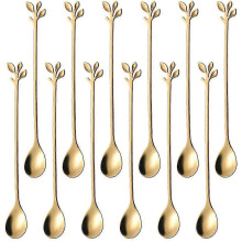 (Gold) 12 Pcs Long Handle Ice Cream Scoops, 18cm Creative Black Leaf Ice Cream Scoops, Food Grade Stainless Steel, Mirror Effect