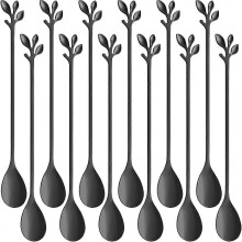 (Black) 12 Pcs Long Handle Ice Cream Scoops, 18cm Creative Black Leaf Ice Cream Scoops, Food Grade Stainless Steel, Mirror