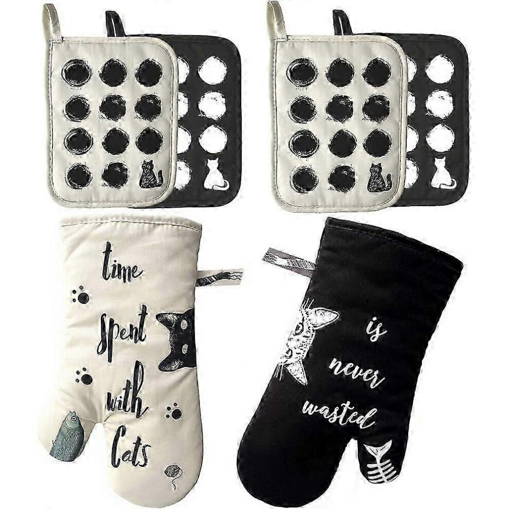 Pair Cotton Silicone Oven Mitts with Pot Holders, 6 Pcs Set (6 Cats)