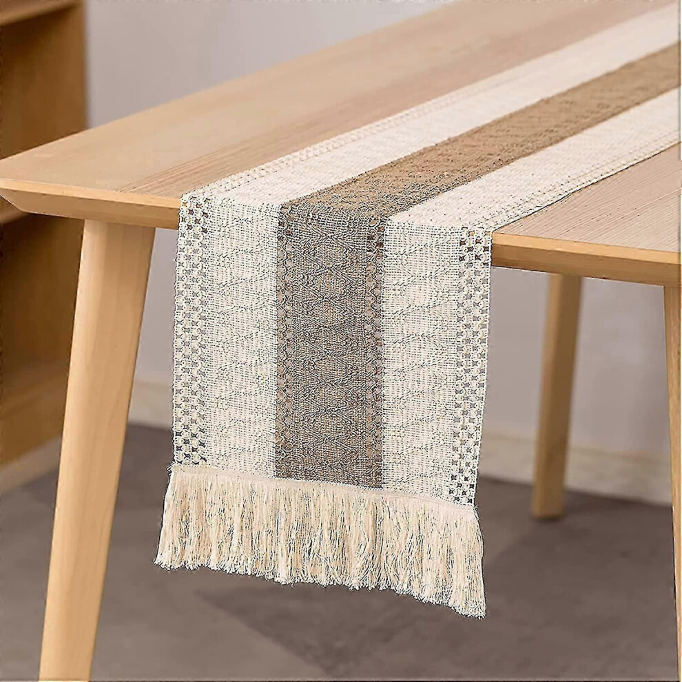 Macrame table runner, 180cm dining table runner in natural cotton and linen, bohemian crochet lace tassel