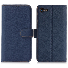For iPhone SE (2022) (2020) 8 7 Stand Case Litchi Texture Genuine Cow Leather Wallet Phone Cover RFID Blocking Blue