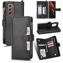 Galaxy Z Fold 2 Magnetic Wallet Case with Card Holder & Zipper Closure, PU Leather Flip CoverBlackA
