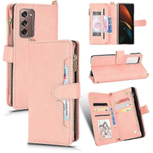 Galaxy Z Fold 2 Magnetic Wallet Case with Card Holder & Zipper Closure, PU Leather Flip CoverPinkA