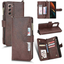 Galaxy Z Fold 2 Magnetic Wallet Case with Card Holder & Zipper Closure, PU Leather Flip CoverBrownA
