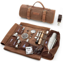 Bartender Kit Bag with Cocktail Shaker Set - Waxed Canvas, Traveling Bar Tools Bag with 17-Pc Cocktail Kit - Travel Mixology Bartending Kits - Mobile