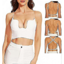 (36C, White) Womens Low Back Bra Wire Lifting Deep U Shaped Plunge Backless Bra With Convertible Clear Straps
