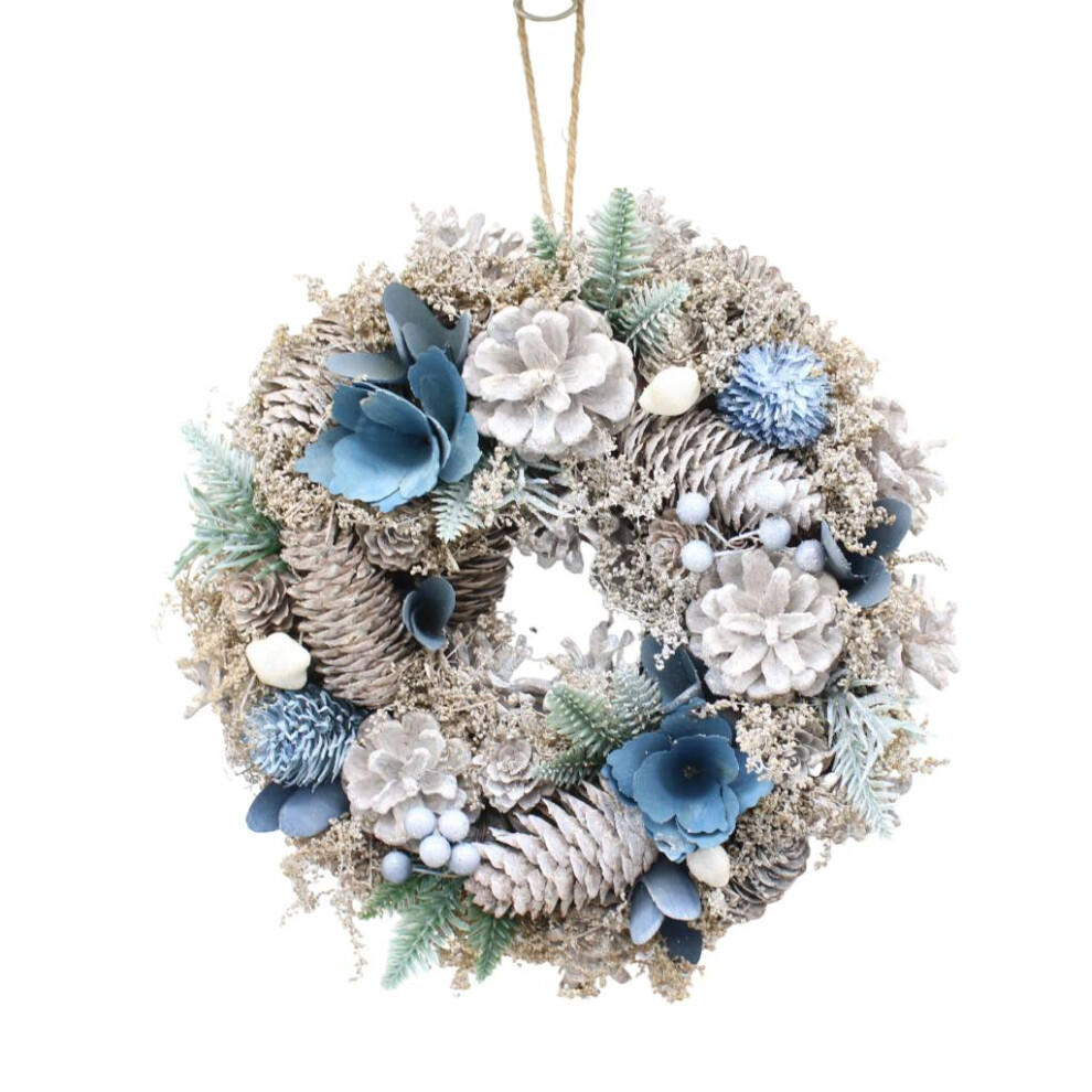 Urbn Living Blue/White ( & White) 25Cm Christmas Pinecone Wreath W/ Jute Hanger Decoration