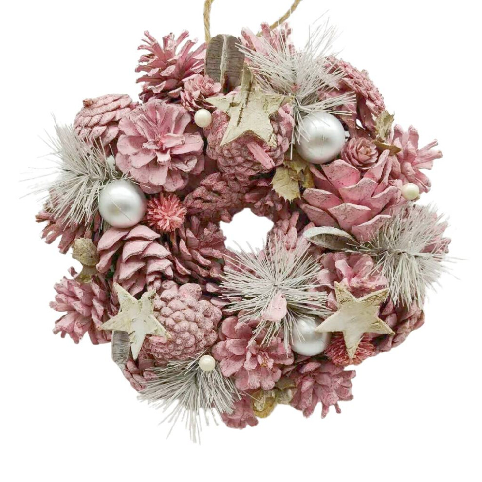 Urbn Living (Pink & Silver) 25Cm Christmas Pinecone Wreath W/ Jute Hanger Decoration