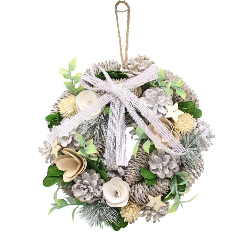 Urbn Living (Cream, Silver & Green) 34Cm Christmas Pinecone Wreath W/ Jute Hanger Decoration - Image 2