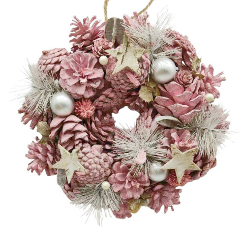 (Pink & Silver) 34cm Christmas Pinecone Wreath w/ Jute Hanger Decoration