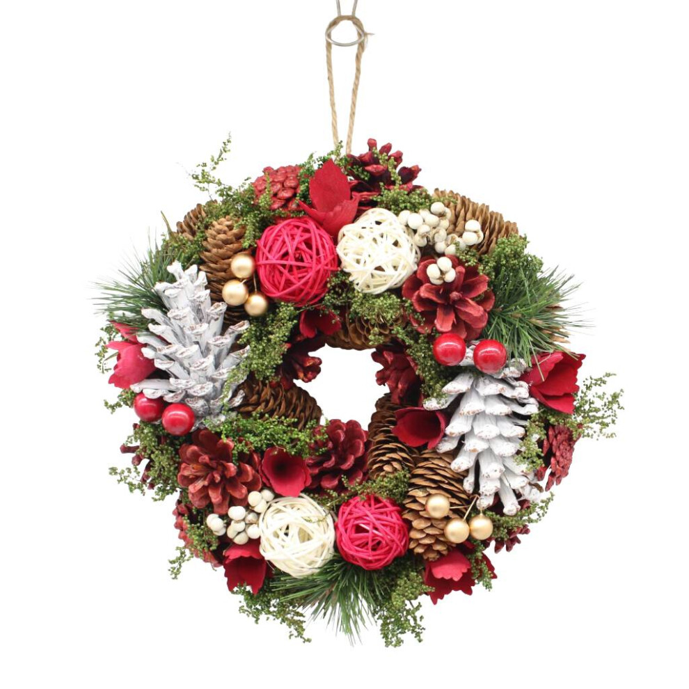 URBNLIVING Classic Christmas Wreath – Pinecones & Greenery Holiday Decoration for Door or Wall - Red, White & Green - 34cm - Image 2