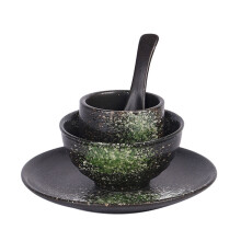 1Set Black Ceramic Sushi Plate Bowl Tea Cup Spoon Set for Home Use