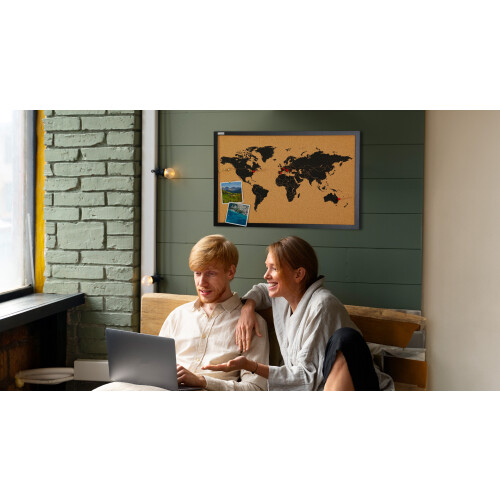 World Map Cork Board in Black Wooden Frame, 60x40 cm 2