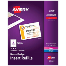 Avery Customizable Name Badge Inserts  3"" x 4""  White  300 Printable Name Tag Inserts (5392)