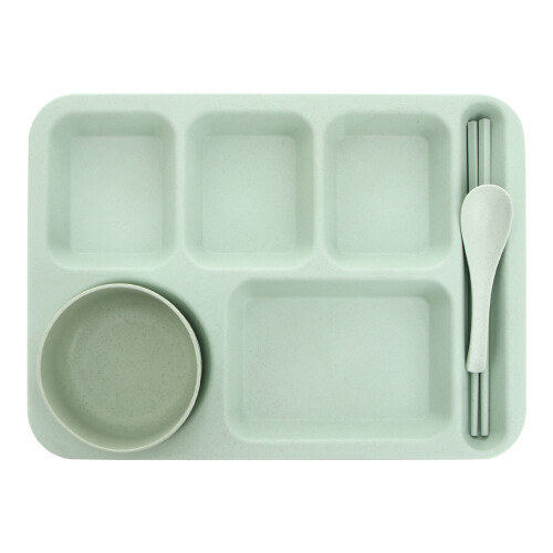 1 set straw bowl and plate with cutlery, drop-proof, green