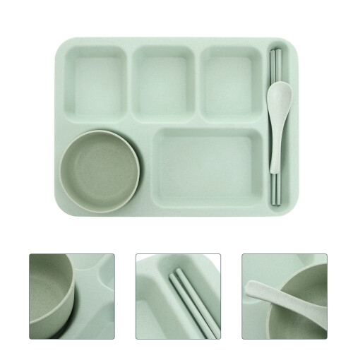 1 set straw bowl and plate with cutlery, drop-proof, green 1