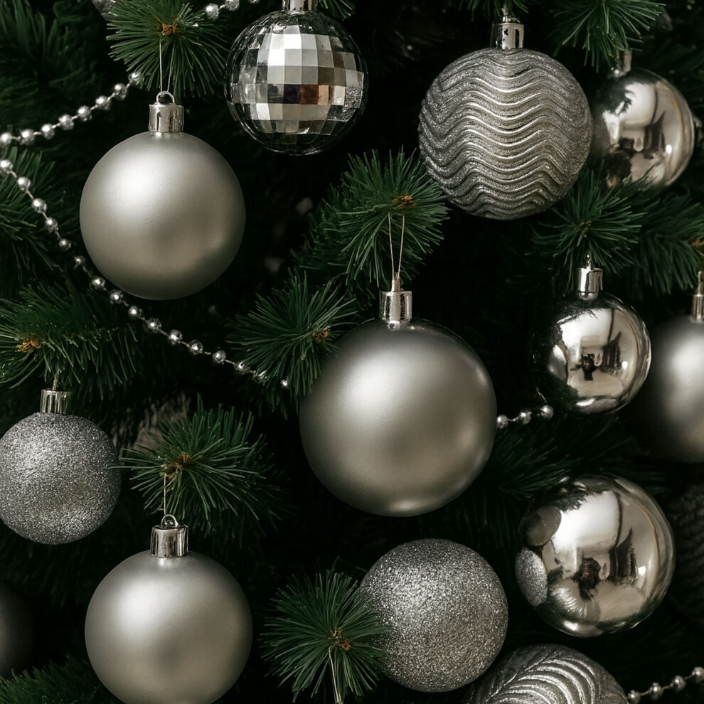 Neo 36Pcs Christmas Tree Ornaments Set Baubles Glitter Balls Holiday Festive Decorations Assorted Sizes Colours Home Party Dã©Cor Silver
